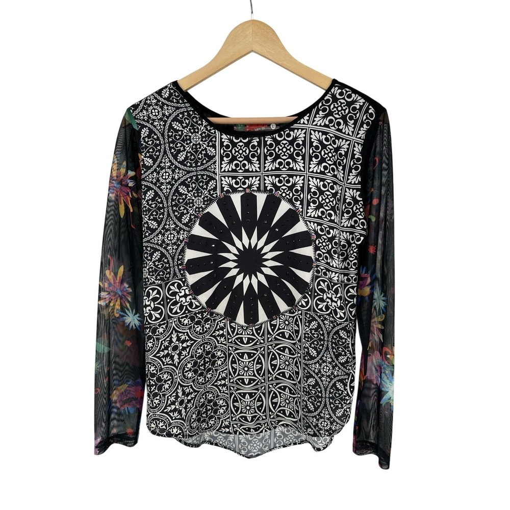 Desigual Top Womens L Geometric Floral Boho Hippie Festival Indie Sheer Sleeve